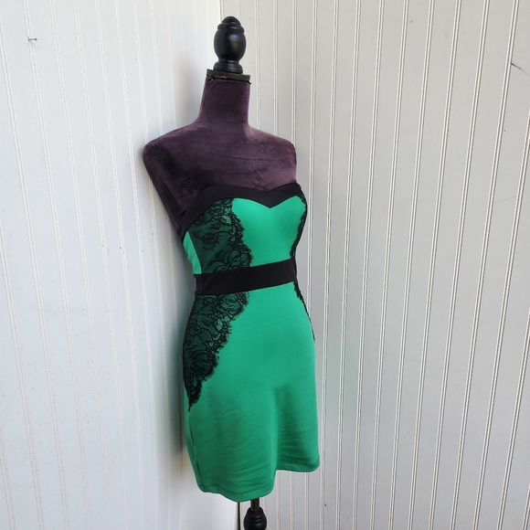As U Wish Womens Green Black Lace Strapless Dress Bodycon Mini Stretch Small - Picture 2 of 13